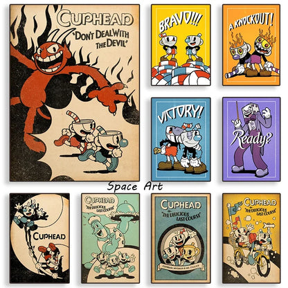 Classic Retro Wall Art Game Anime Cuphead Cartoon Characters HD Canvas Printed Poster Home Living Room Bedroom Decoration