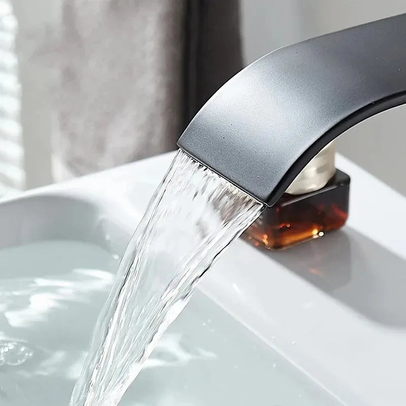 Black Waterfall Bathroom Basin Faucet – Stainless Steel Deck-Mounted High-Low Mixer Tap, Hot & Cold