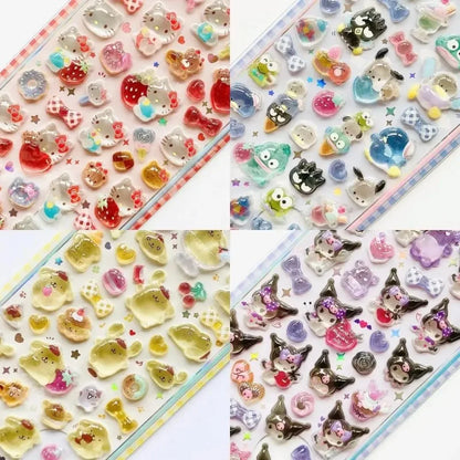 3D Sanrio Hellokitty Kuromi Cinnamoroll Stickers Cute Anime Transparent Jelly Crystal Decorative Sticker Phone Case DIY Kids Toy