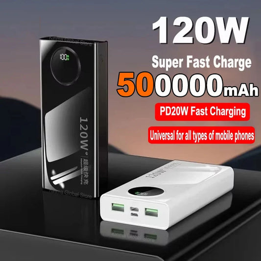 120W Fast Charging Power Bank — Portable Battery 10000/30000/50000mAh with Built-in Cable & LED Display