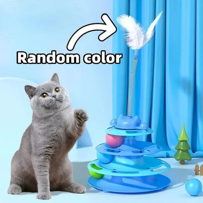 Interactive Cat Toy Tower with Turntable Track, Rolling Balls and Feather Teaser - Kitten Training Toy