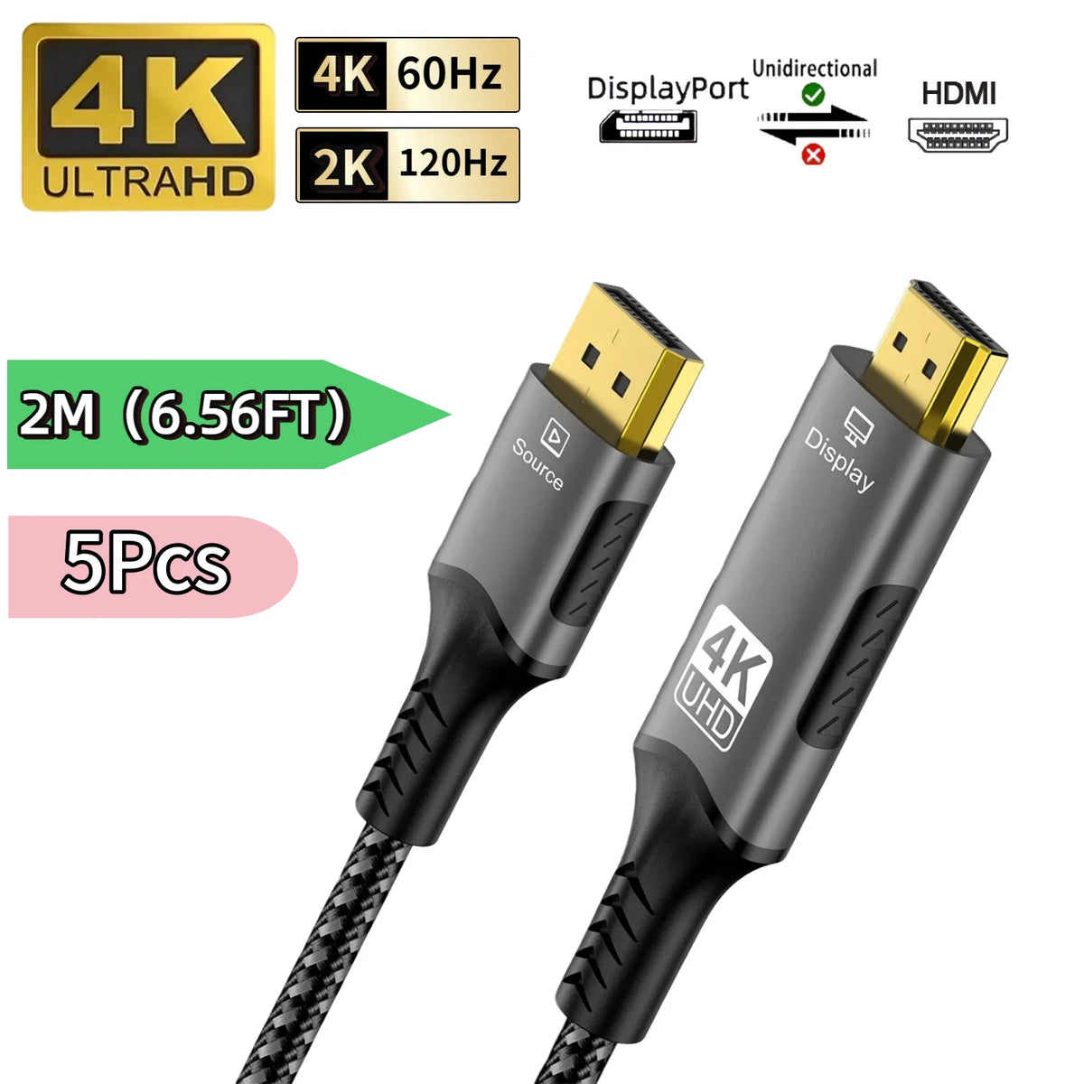 FDBRO DisplayPort to HDMI Cable - Uni-Directional, 4K@60Hz, HDR, VRR, Gold-Plated, Nylon Braided, 3.3/6.6/9.8ft, 1-5 Pack