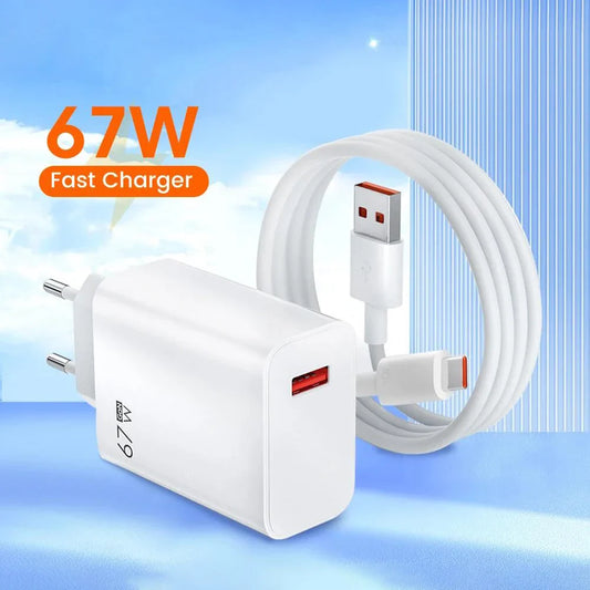 67W GaN USB-C Fast Charger with EU/US/UK Plugs & 10A Type-C Cable, Fast PD Charging for iPhone Samsung Xiaomi Huawei