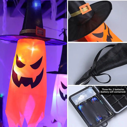 Halloween LED Glowing Ghost & Witch Hat Hanging Decorations – Set of 5 with LED String Lights for Outdoor Garden, Party & Porch Decor