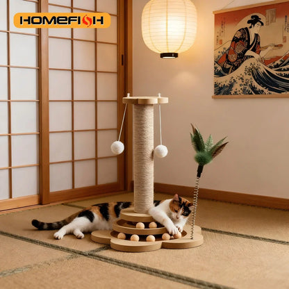 Solid Wood Cat Turntable Toy with Sisal Scratching Board and Rolling Ball - Interactive Cat Scratcher Column