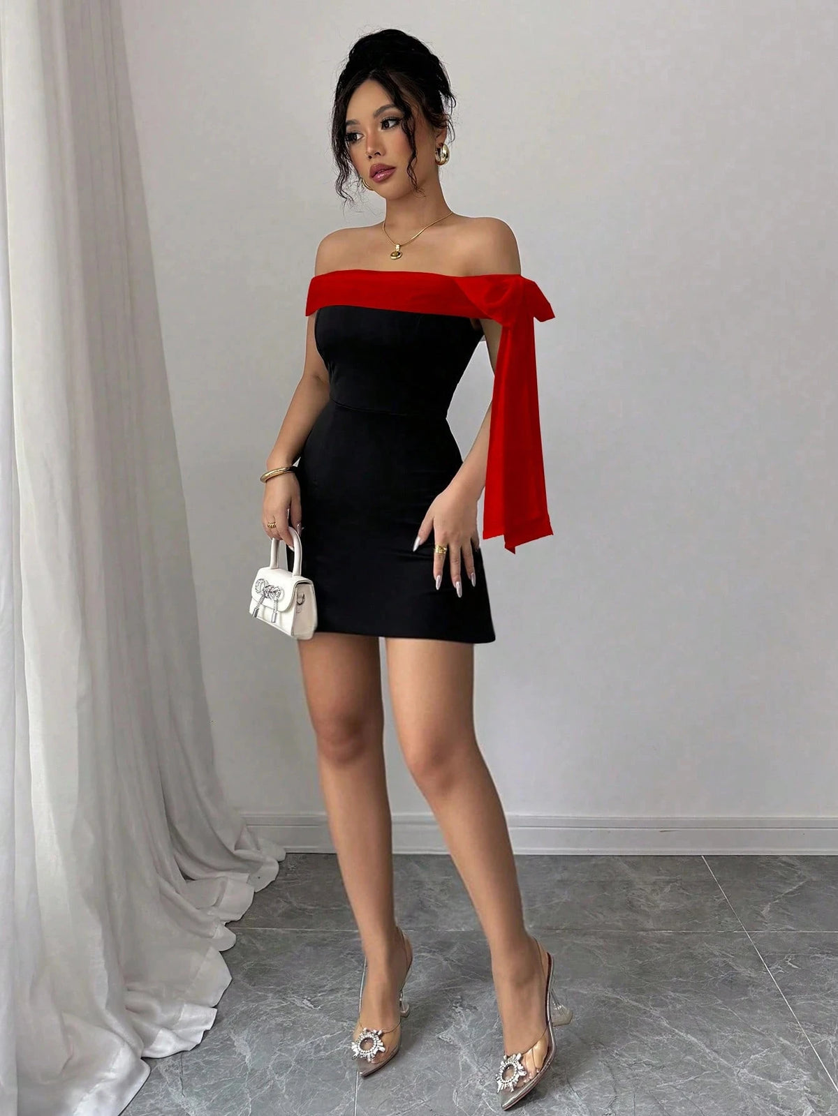 Women’s Black Lace Patchwork Midi Dress – Slash Neck, Slim Fit A-Line, Mid-Calf Length, All-Season Party & Evening Dress, Sizes S–XXL