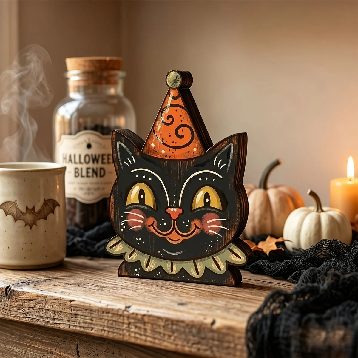 Wooden Halloween Witch Owl Shelf Decor - 1pc