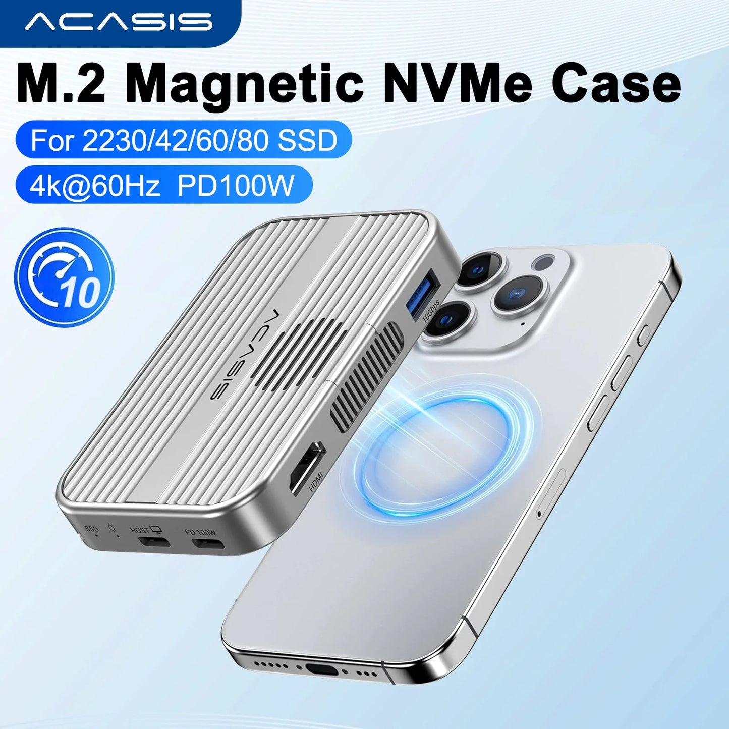 MagSafe M.2 NVMe SSD Enclosure & 6-in-1 USB-C Docking Station — HDMI 4K, PD 100W