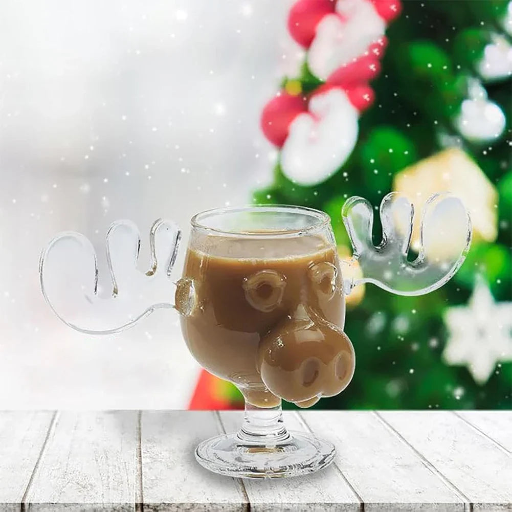 Christmas Moose Glass Mug 8oz (240ml) Reindeer Head Holiday Drinkware 1/2/3-Pack