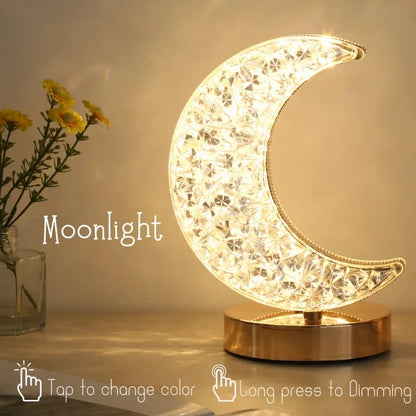 Touch Dimmable LED Moon & Star Night Light – Rechargeable USB Bedside Ambient Lamp, 3-Color Stepless Dimmer