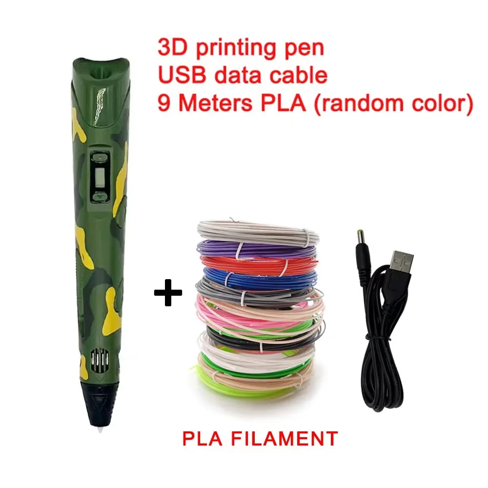 USB Rechargeable 3D Printing Pen with 9M PLA Filament (1.75mm) — Adjustable Speed, 180–220°C Heat, DIY 3D Pen for Kids & Adults