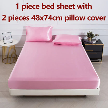 Satin Fitted Sheet Set 3-Piece (1 Fitted Sheet + 2 Pillowcases) Soft Breathable Solid Color Bedding
