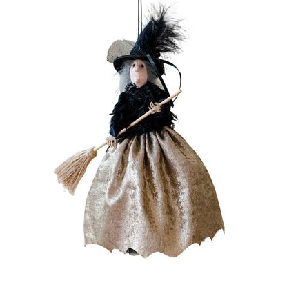 Halloween Witch Doll Hanging Ornament & Tree Topper – Retro Fabric Witch with Hat & Broom for Home, Party & Haunted House Decor – Champagne, Red or Brown