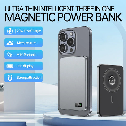 Ultra-Thin Magnetic Wireless Power Bank 20W - Alloy Portable MagSafe-Compatible Charger