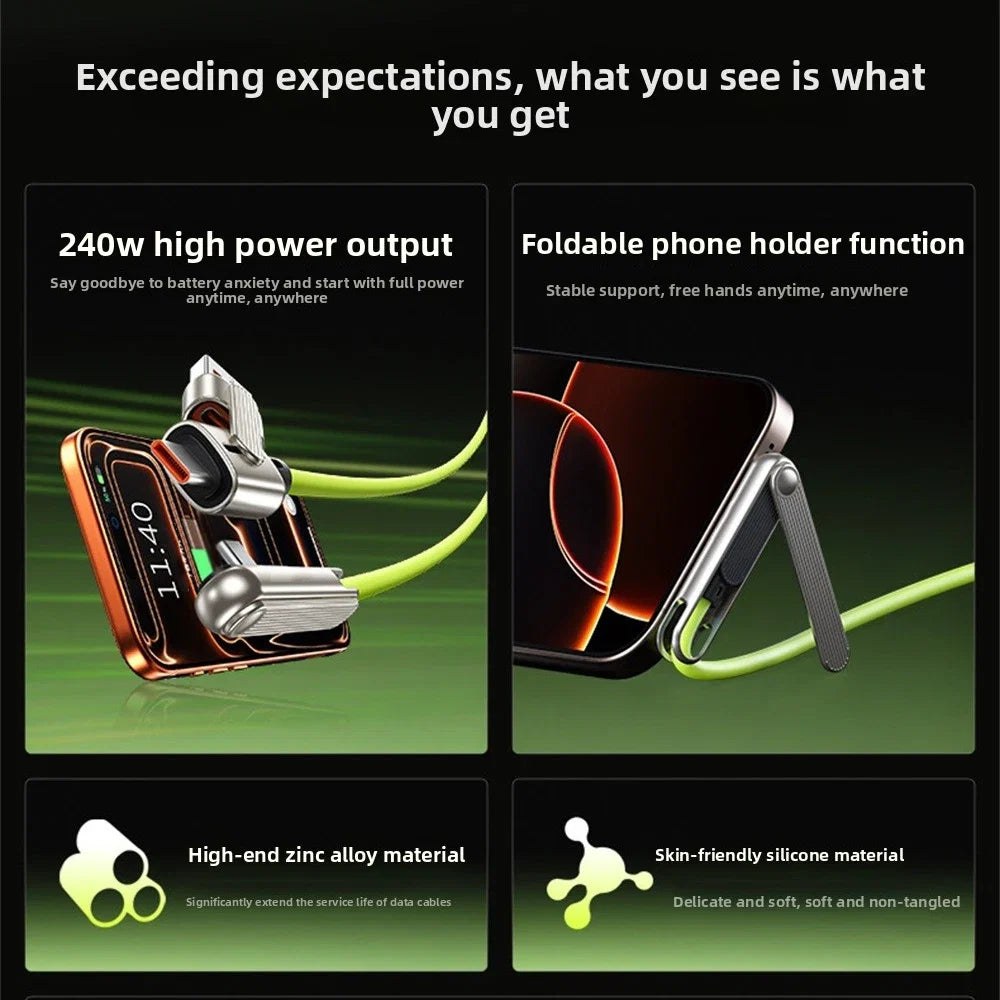 Portable Type C 240W Fast Charging Cable Phone Tablet Foldable Holder 2 In 1 Charging Cable Folding Bracket Earphone Data Wire