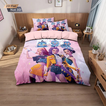 3-Piece K-Pop Demon Hunters Printed Bedding Set – Microfiber Polyester, Machine Washable, Multiple Sizes (1.0–2.8 m / 3.3–9 ft)