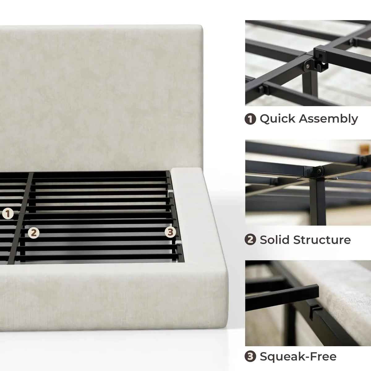 Cloud Upholstered King Platform Bed Frame - 5" CertiPUR-US Foam, Chenille, Cold-Rolled Steel, No Box Spring, Snow White / Onyx Black / Moon Grey / Beige / Cream