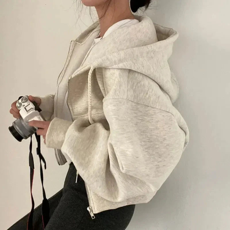 Women’s Y2K Zip Up Hoodie – Solid Color Oversized Crop Sweatshirt with Hood, Harajuku Streetwear Casual Jacket