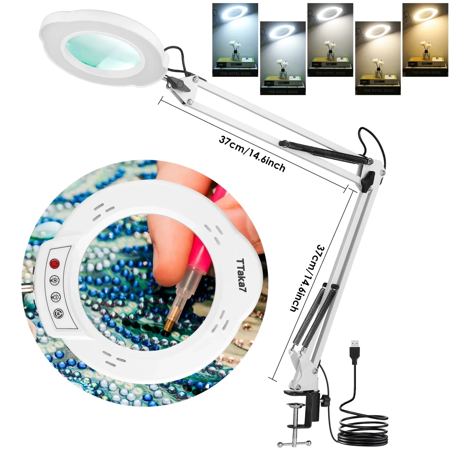 72-LED 8X/10X USB Illuminated Magnifying Glass Lamp - 4.2 in (106 mm) Lens, 3-Color Dimmable LED, Adjustable Arm & Clamp for Soldering, Crafts, Skincare