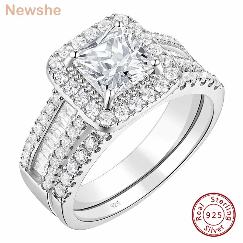 Newshe 925 Sterling Silver Bridal Ring Set – Princess Cut AAAAA Cubic Zirconia, 3.5ct, Rhodium Plated, Nickel-Free, Sizes 5–13 – Wedding & Engagement