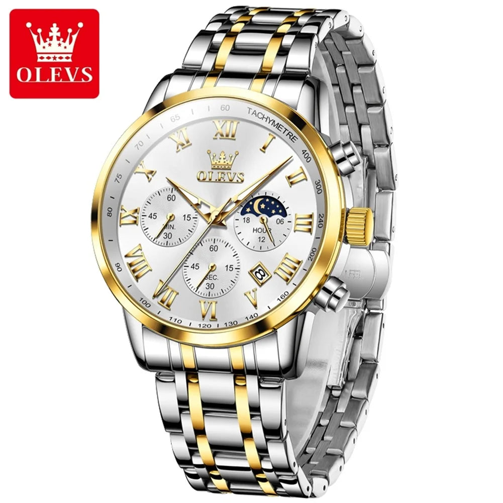 OLEVS 5529 Men's Chronograph Watch, Steel Bracelet Version - 41mm Moon Phase Dial, Auto Date, Luminous Hands, 30m Water Resistant