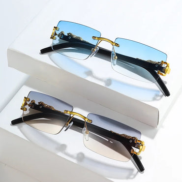 Rimless Rectangular Sunglasses with Cheetah Accent, UV400 Sun Protection, Unisex