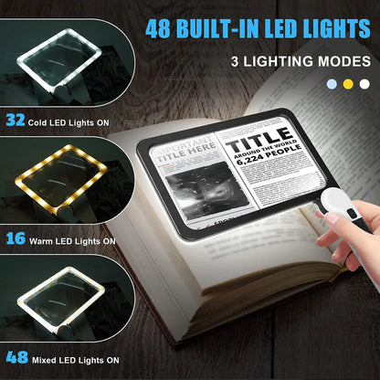 5X Rectangular Reading Magnifier 7.3 x 4.4 in (18.5 x 11.2 cm) – 48 LED Dimmable Light, Foldable Handheld for Seniors & Low Vision