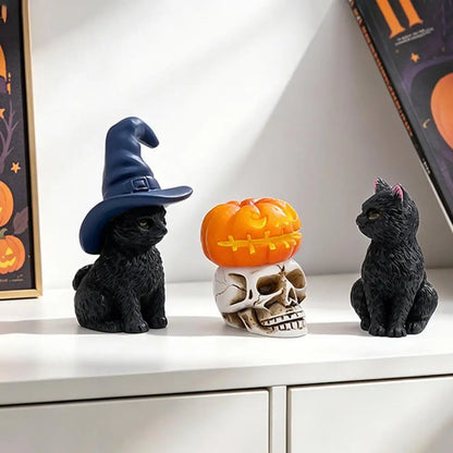 Halloween Witch Cat Resin Figurine - Spooky Cat with Witch Hat, Pumpkin, Skull & Moon Statue for Tabletop, Mantel & Shelf Decor - 5 Designs