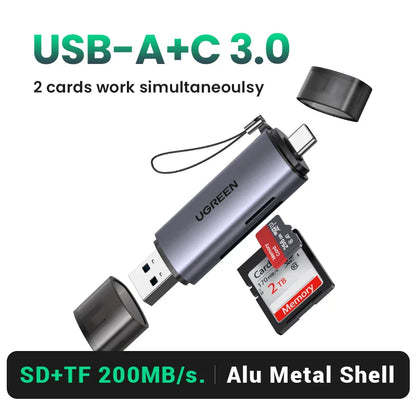 USB 3.0 & USB-C SD/MicroSD Card Reader - 2-in-1 USB-A/Type-C Memory Card Adapter, SD/TF, 5Gbps Fast Transfer