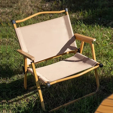 Khaki Folding Camping Chair with Beech Wood Armrests – 600D Oxford Fabric, Steel Frame – Portable Outdoor Chair (1/2/4-Pack)