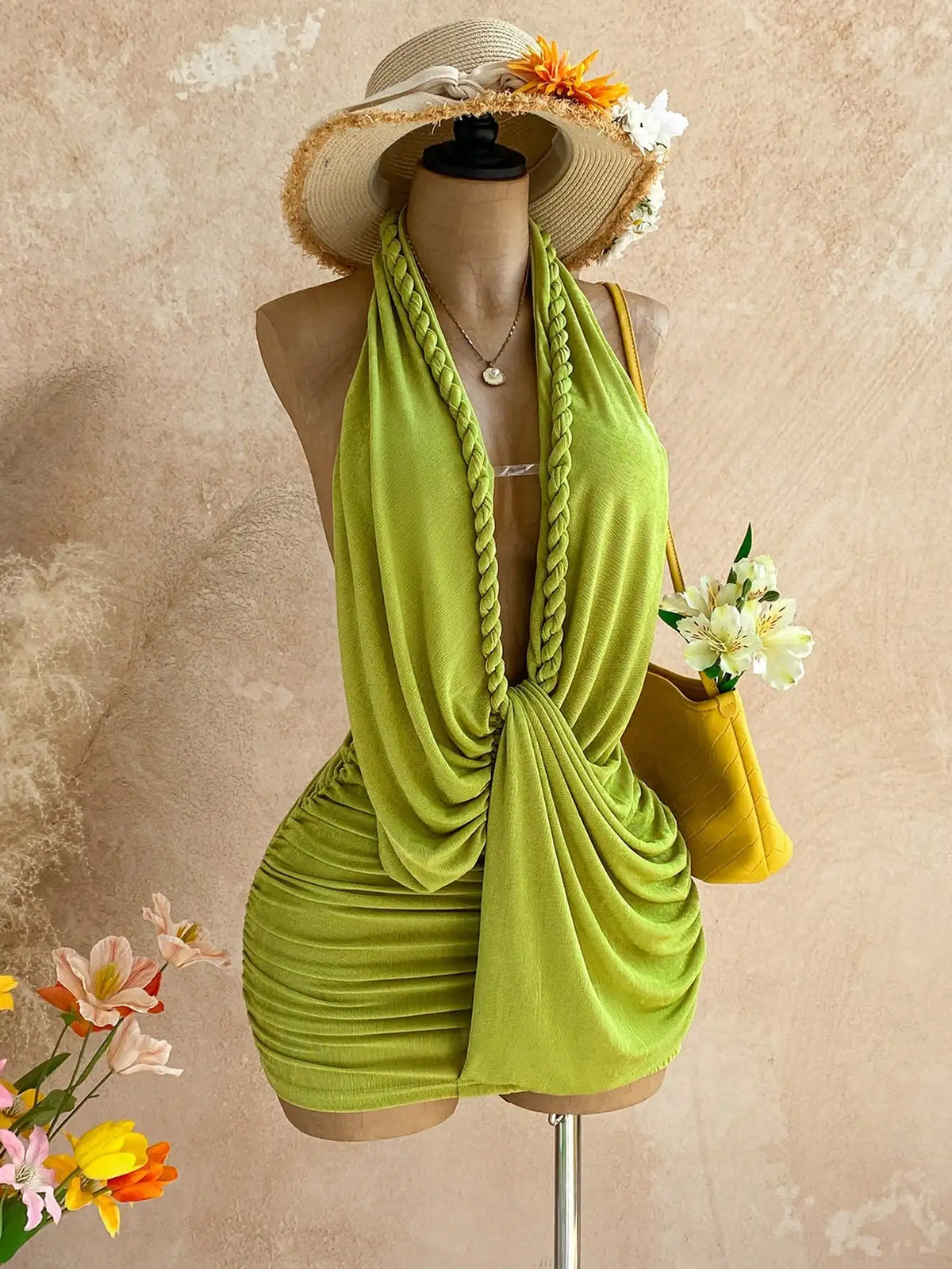 Women's Solid Backless Halter Mini Dress - High Stretch Slim Fit Sheath Dress with Elastic Waist for Beach, Vacation & Summer