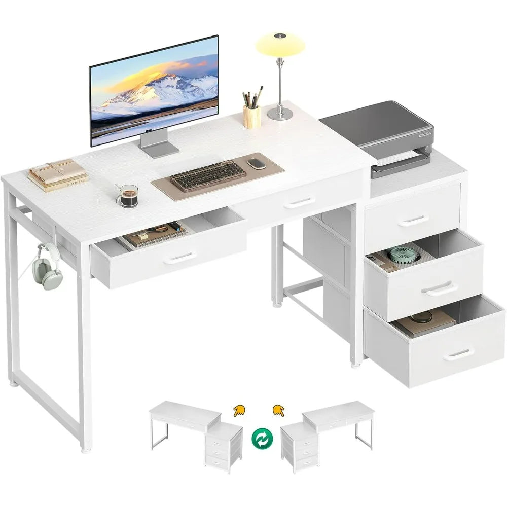 53" Computer Desk with 5 Drawers - Study Desk, Vanity Table, Home Office, Bedroom - Rustic Brown, Black, White