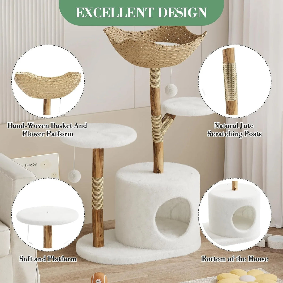 43" Wood & Rattan Multi-Level Cat Tree Tower - Large Cat, Multi-Level Perches, Floor Mount, Indoor, 28.74" x 17.32" Footprint