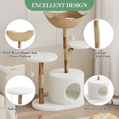 43" Wood & Rattan Multi-Level Cat Tree Tower - Large Cat, Multi-Level Perches, Floor Mount, Indoor, 28.74" x 17.32" Footprint