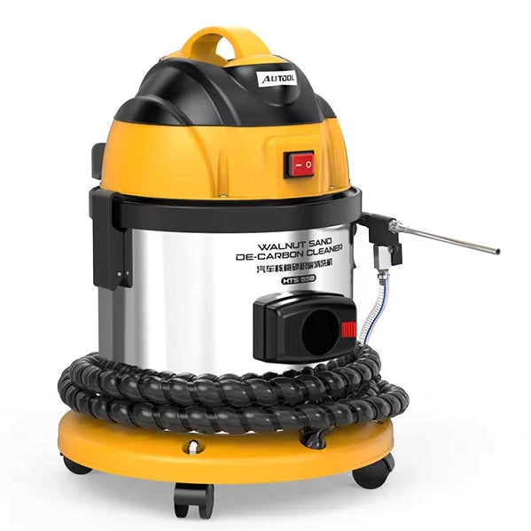Autool wet/dry vacuum cleaner set shown on a white background with accessories and features. The main product is a yellow, black, and silver wet vacuum with a coiled hose.