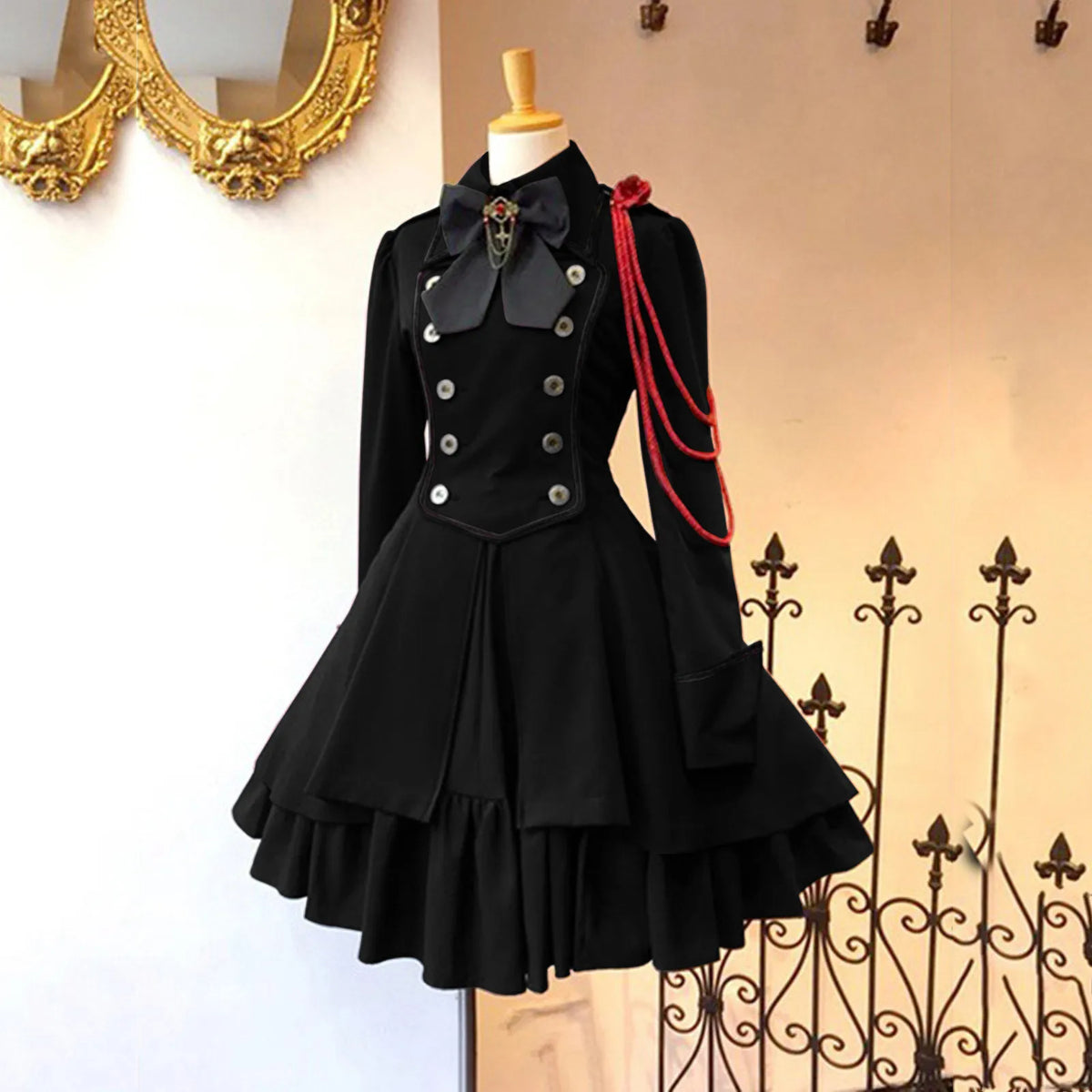 MAIGSWHOO Plus Size Gothic Lolita A-Line Princess Dress – Bow Collar, Trumpet Sleeve, Lace-Up Ruffles, Medieval Retro Style, S–5XL
