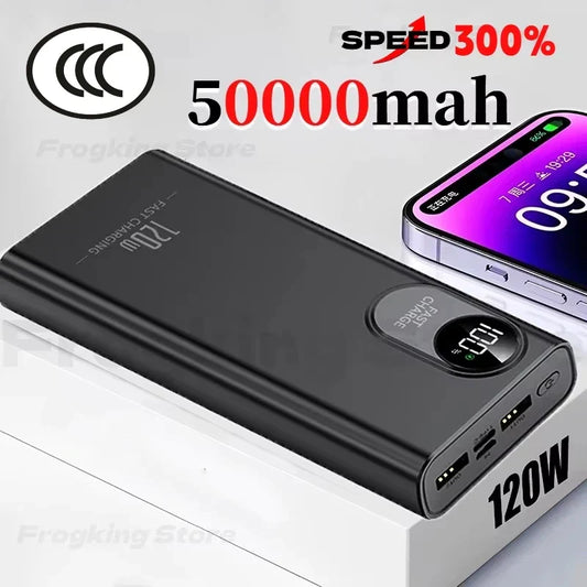 50000mAh 120W Portable Power Bank with Digital Display, Built-in Cables & Wireless Charging — Fast USB-C & Lightning