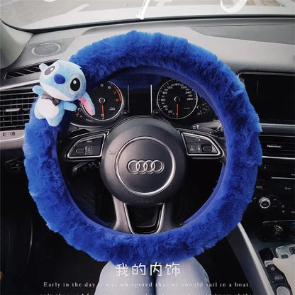 Stitch Plush Steering Wheel Cover – Universal Stretch Winter Warm Car Accessory