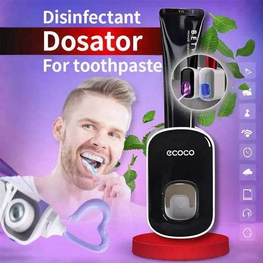 Automatic Wall-Mounted Toothpaste Dispenser with Toothbrush Holder — Suction Adhesive, Black/Gray