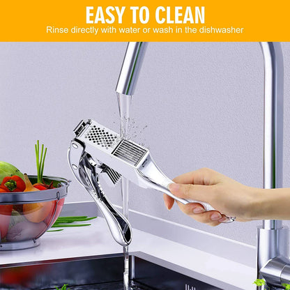 2-in-1 Stainless Steel Garlic Press & Slicer — Handheld Garlic Crusher Mincer Kitchen Tool