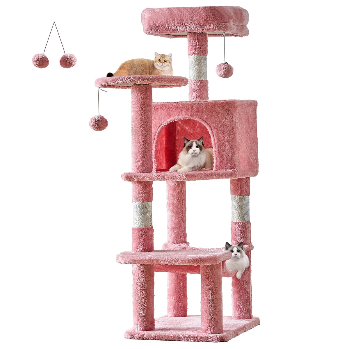 JHK 44" 4-Tier Cat Tree Tower - Condo, Hammock, Sisal Posts, 2 Platforms, 2 Swinging Balls, Anti-Tip, 44lb Rated, Multi-Cat