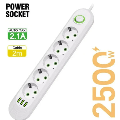 EU Plug 2m (6.6ft) 2500W Power Strip 3 EU Sockets 3 USB Fast Charging Surge Protector with On/Off Switch