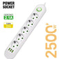 EU Plug 2m (6.6ft) 2500W Power Strip 3 EU Sockets 3 USB Fast Charging Surge Protector with On/Off Switch