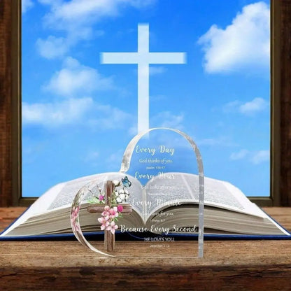 Heart-Shaped Bible Verse Acrylic Decor – Boho Cross & Floral Design, Desk & Home Decor, Gift for Mom