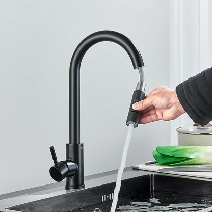 Black Pull-Out Kitchen Faucet Single-Handle Two-Function Deck-Mounted Mixer Hot and Cold