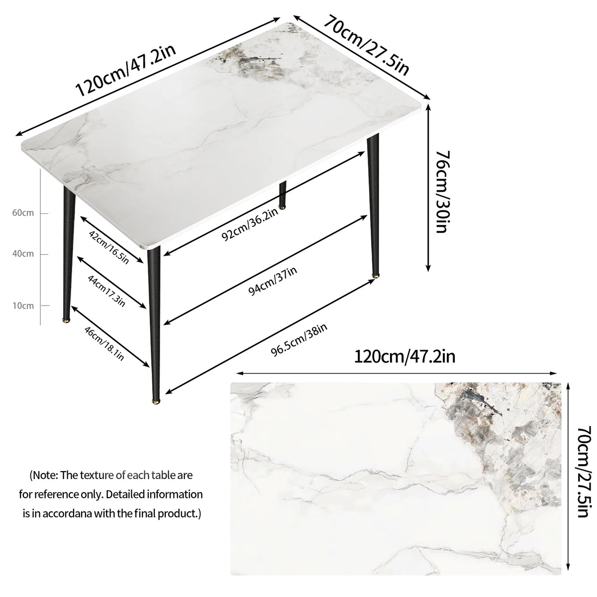 High Gloss 4-6 Seat Rectangular Marble Dining Table for Kitchen Island Restaurant Lunch Dinner Table Metal Frame