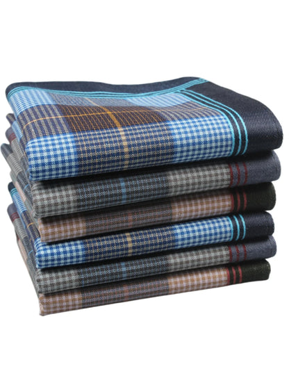6-Pack Men's Cotton Striped Handkerchiefs 15.7in (40 cm) Plaid Square - Thin Style