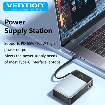 20000mAh 65W PD Power Bank with Built-in USB-C Cable - Portable 3-Port Laptop Fast Charger with LED Display