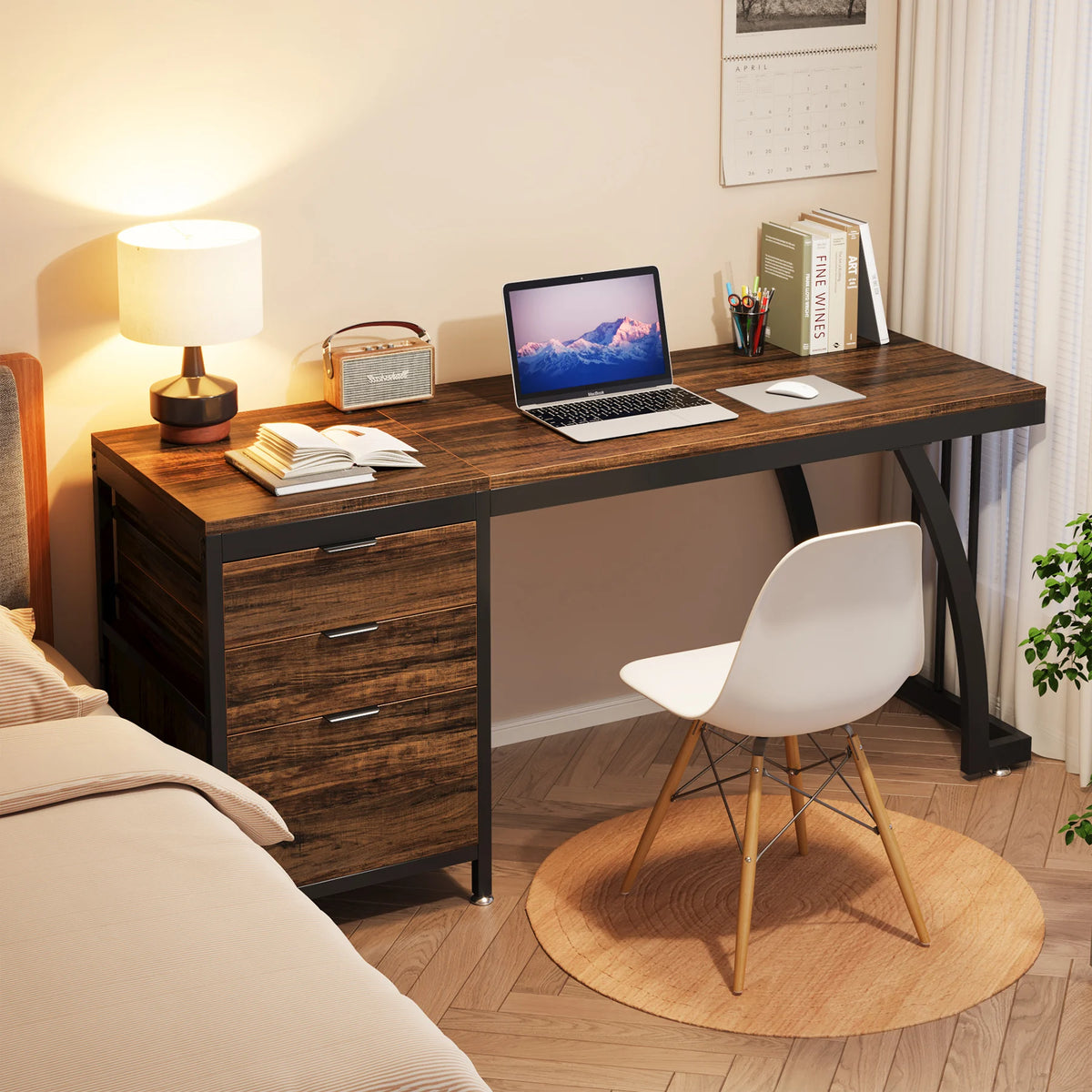 Tribesigns 59" Computer Desk with 3 Drawers - 59x19.68" Industrial Writing Table, Reversible Drawer Unit, Metal Frame, White/Rustic Brown/Walnut