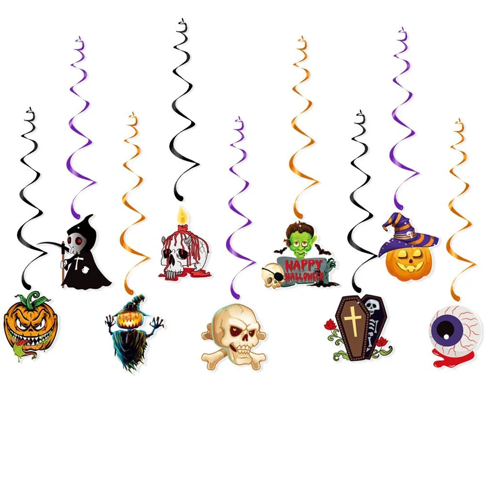 Halloween Triangle Banner & Spiral Hanging Props Set – Paper Flag Garland with Swirl Decorations for Party, Ghost Festival & DIY Venue Decor – 3 Designs